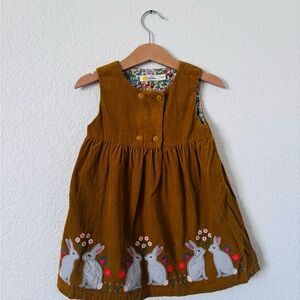 Brown Corduroy Kids Dress with Rabbit Embroidery